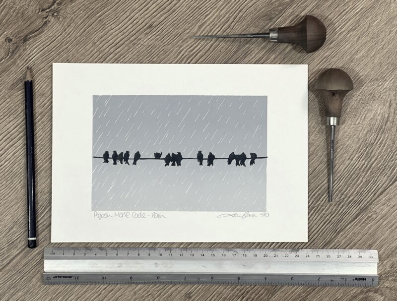 Pigeon Morse Code - original linocut print by Lisa Benson