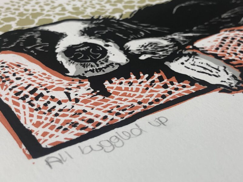 'All buggled up' editioned linocut print.