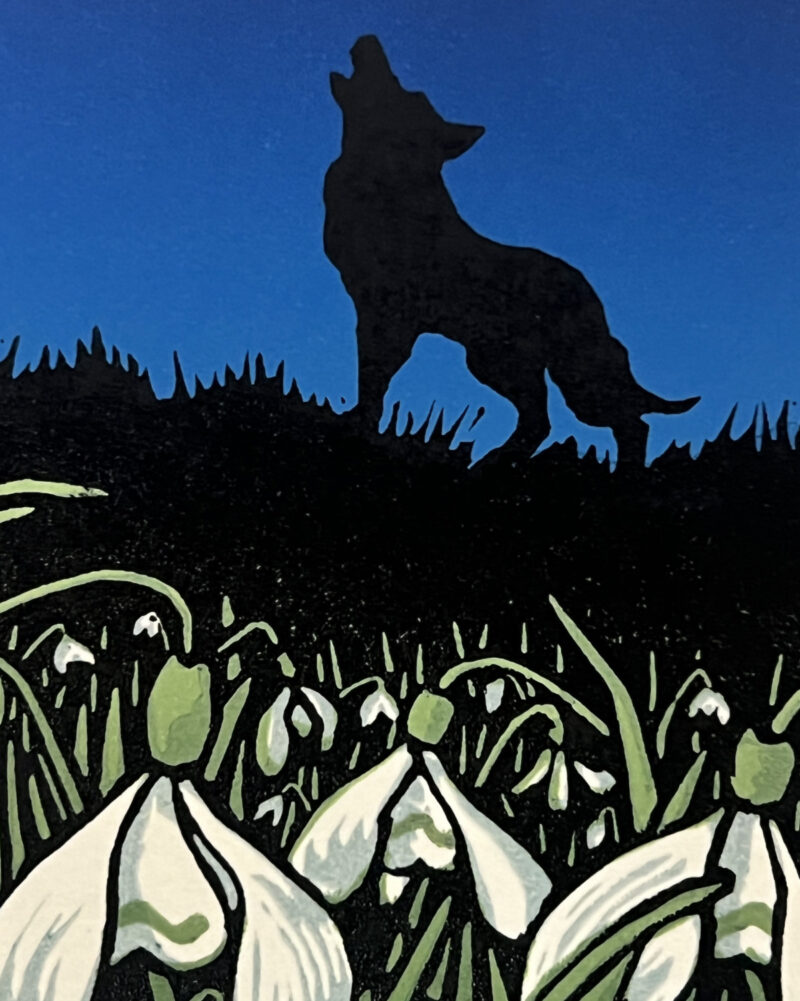 Wolf Moon linocut print by artist and printmaker Lisa Benson