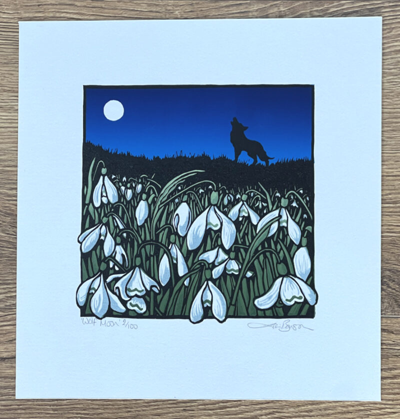 Wolf Moon linocut print by artist and printmaker Lisa Benson