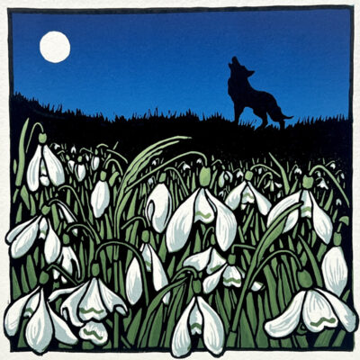 Wolf Moon linocut print by artist and printmaker Lisa Benson