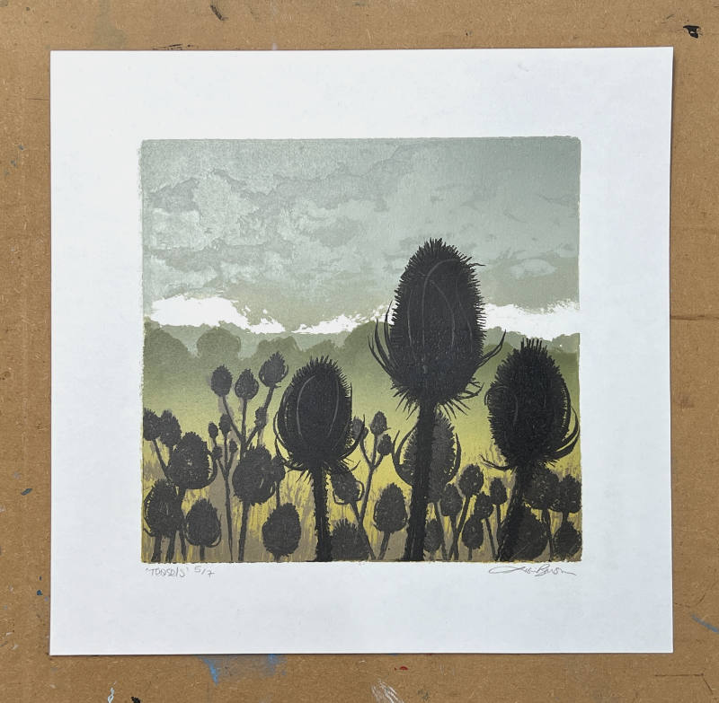 Teasels - original foil lithography print by artist and printmaker Lisa Benson