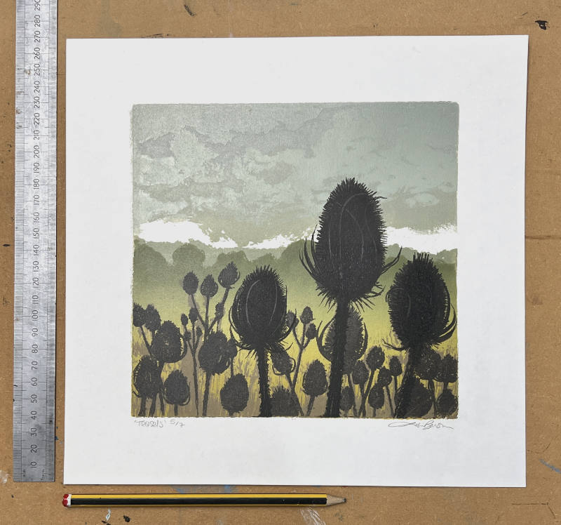 Teasels - original foil lithography print by artist and printmaker Lisa Benson