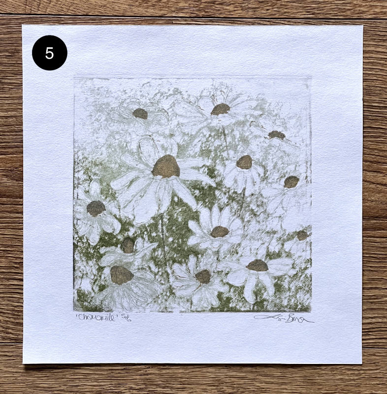 Chamomile - a foil lithography print by printmaker and artist Lisa Benson.