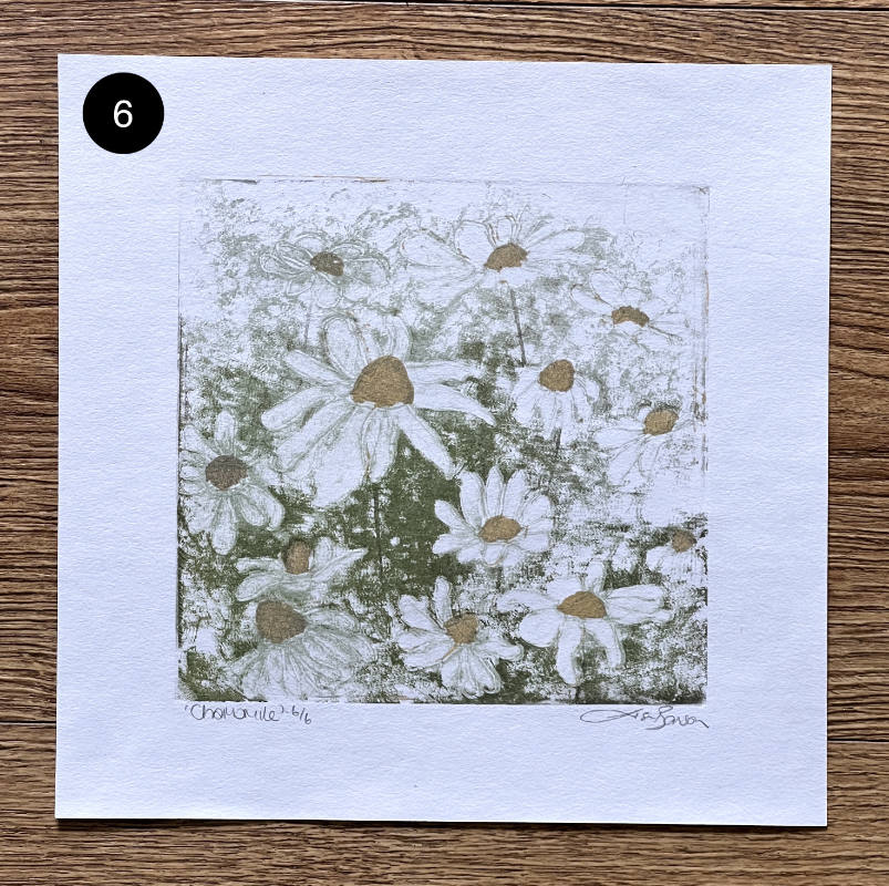 Chamomile - a foil lithography print by printmaker and artist Lisa Benson.